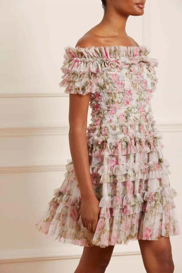 Women Printed Dresses Needle and Thread English Rose Lisette Off Shoulder Micro Mini Dress Multi