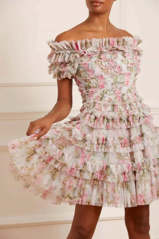 Women Printed Dresses Needle and Thread English Rose Lisette Off Shoulder Micro Mini Dress Multi