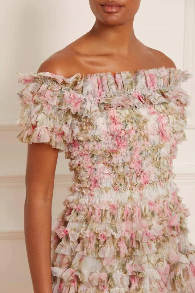 Women Printed Dresses Needle and Thread English Rose Lisette Off Shoulder Micro Mini Dress Multi