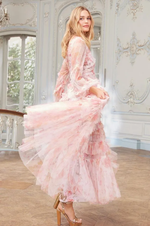 Women Printed Dresses Needle and Thread Rose Bluebell Ruffle Gown Pink