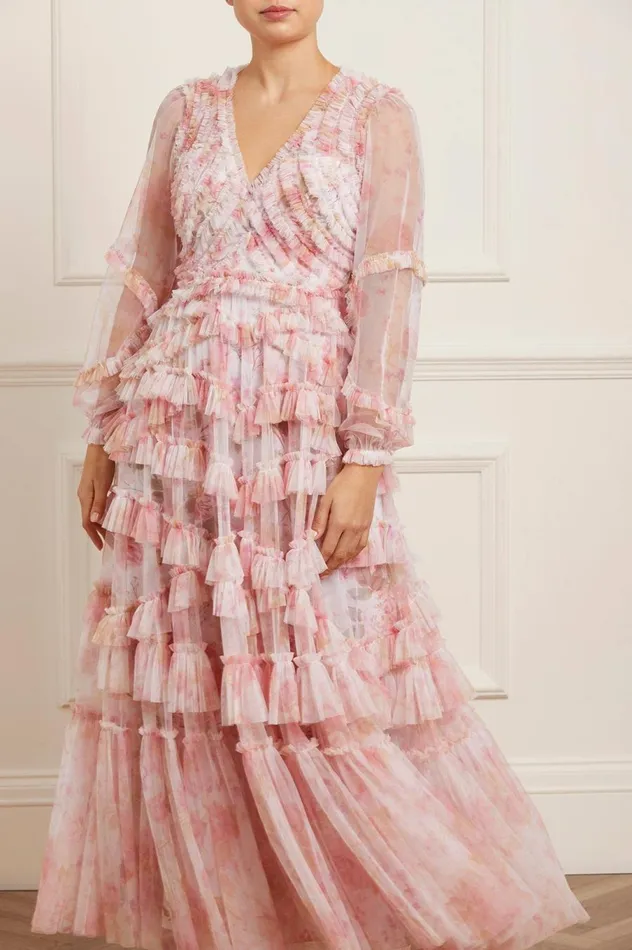 Women Printed Dresses Needle and Thread Rose Bluebell Ruffle Gown Pink