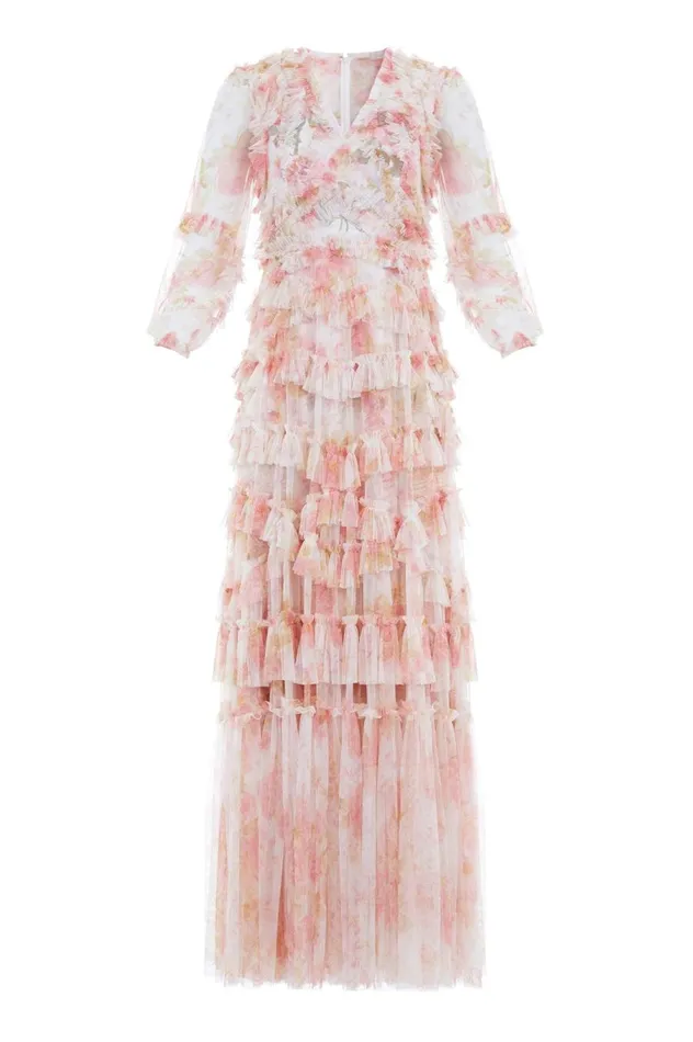 Women Printed Dresses Needle and Thread Rose Bluebell Ruffle Gown Pink