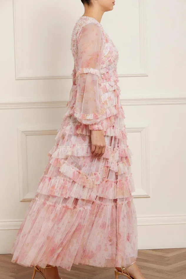 Women Printed Dresses Needle and Thread Rose Bluebell Ruffle Gown Pink