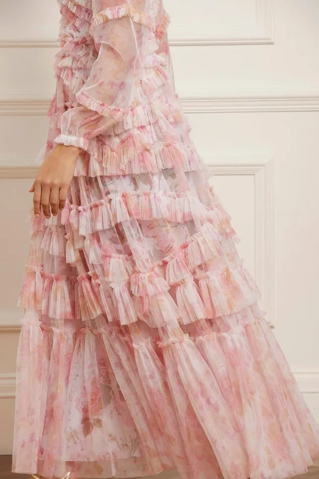 Women Printed Dresses Needle and Thread Rose Bluebell Ruffle Gown Pink