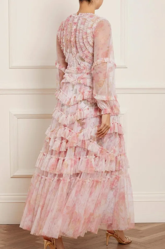 Women Printed Dresses Needle and Thread Rose Bluebell Ruffle Gown Pink