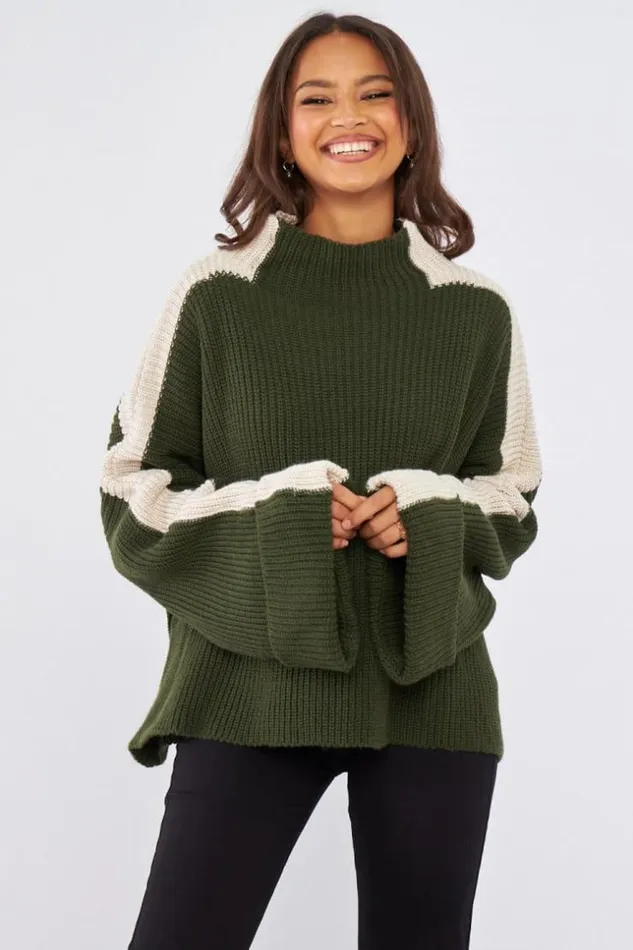 Women Pull Kaki En Maille Bicolore Khaki Brentiny Paris Sweaters and Sweatshirts