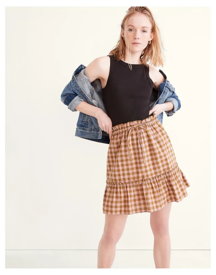 Women Pull On Ruffle Tiered Mini Skirt In Gingham Seersucker Spiced Olive Madewell Skirts Women Pull On Ruffle Tiered Mini Skirt In Gingham Seersucker Spiced Olive Madewell Skirts
