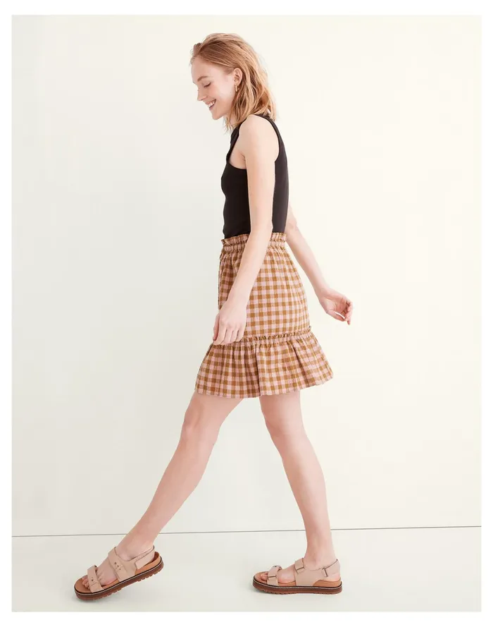 Women Pull On Ruffle Tiered Mini Skirt In Gingham Seersucker Spiced Olive Madewell Skirts Women Pull On Ruffle Tiered Mini Skirt In Gingham Seersucker Spiced Olive Madewell Skirts