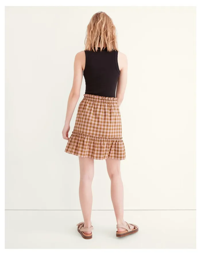 Women Pull On Ruffle Tiered Mini Skirt In Gingham Seersucker Spiced Olive Madewell Skirts Women Pull On Ruffle Tiered Mini Skirt In Gingham Seersucker Spiced Olive Madewell Skirts