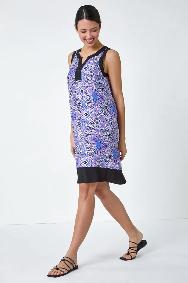 Women Purple Abstract Contrast Trim Shift Dress Roman Dresses