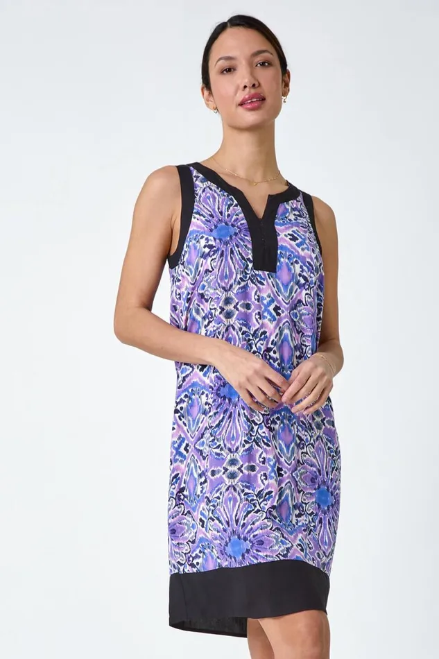 Women Purple Abstract Contrast Trim Shift Dress Roman Dresses