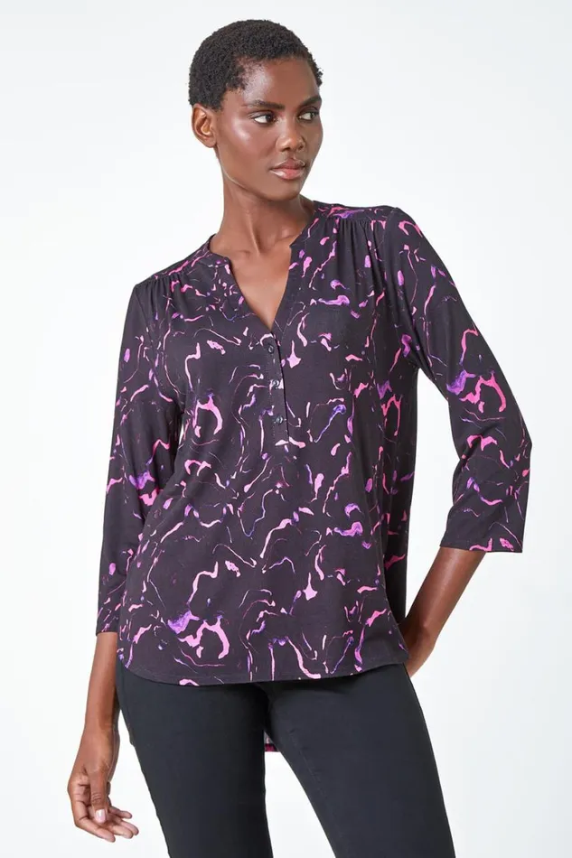Women Purple Abstract Print Stretch Top Roman Tops
