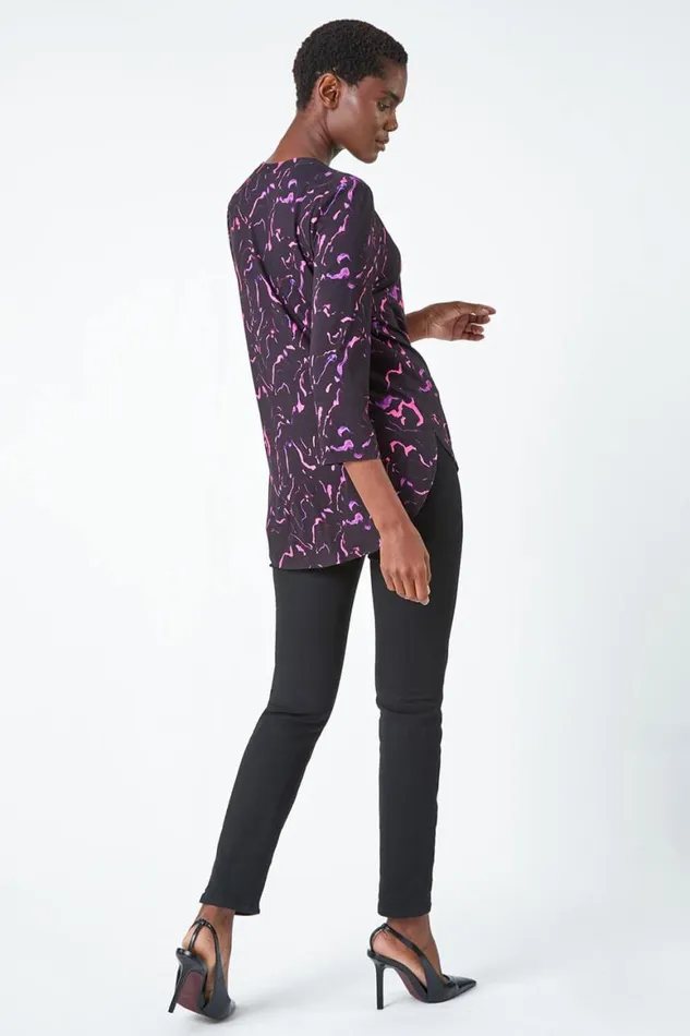 Women Purple Abstract Print Stretch Top Roman Tops