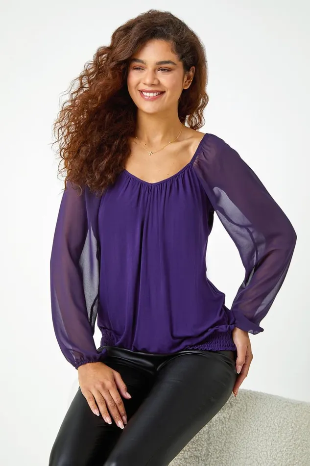 Women Purple Chiffon Sleeve Bubble Hem Stretch Top Roman Tops