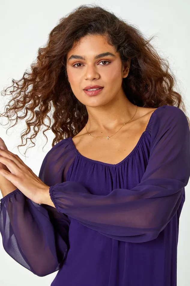 Women Purple Chiffon Sleeve Bubble Hem Stretch Top Roman Tops