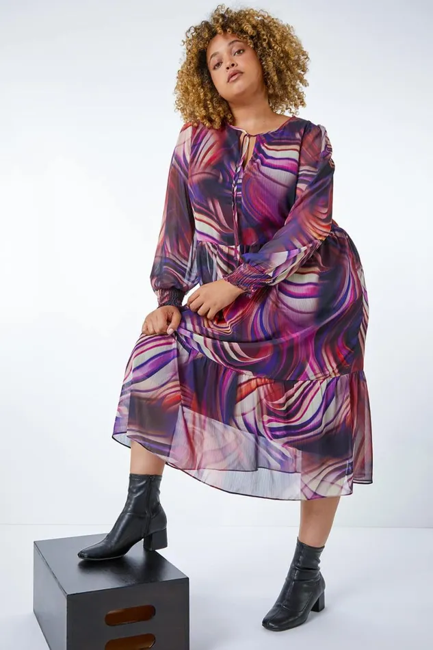 Women Purple Curve Swirl Print Chiffon Midi Dress Roman Dresses
