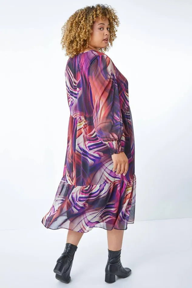 Women Purple Curve Swirl Print Chiffon Midi Dress Roman Dresses