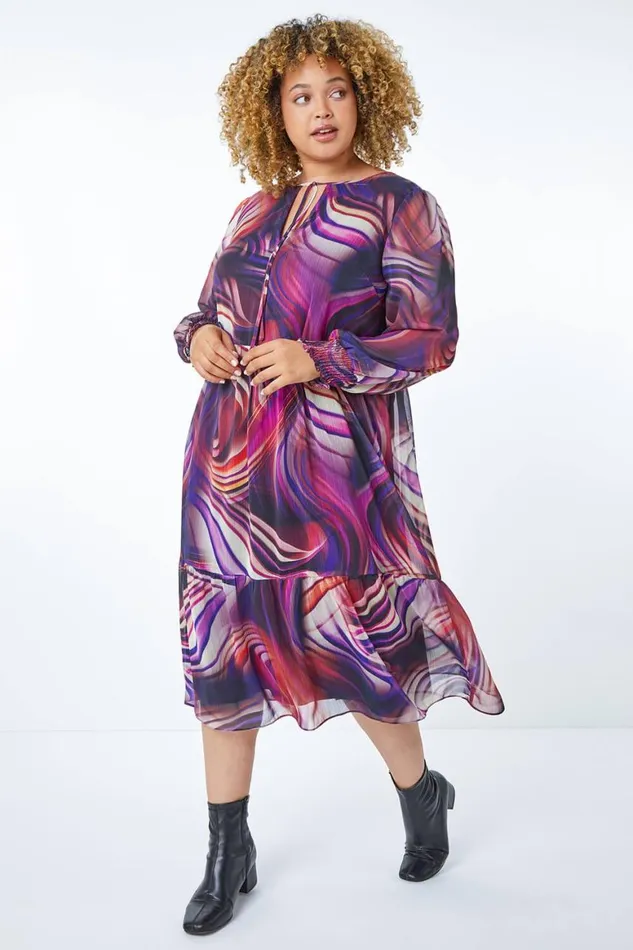 Women Purple Curve Swirl Print Chiffon Midi Dress Roman Dresses