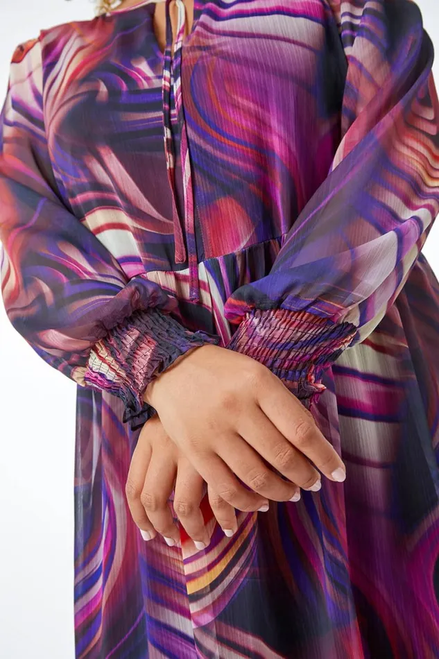 Women Purple Curve Swirl Print Chiffon Midi Dress Roman Dresses