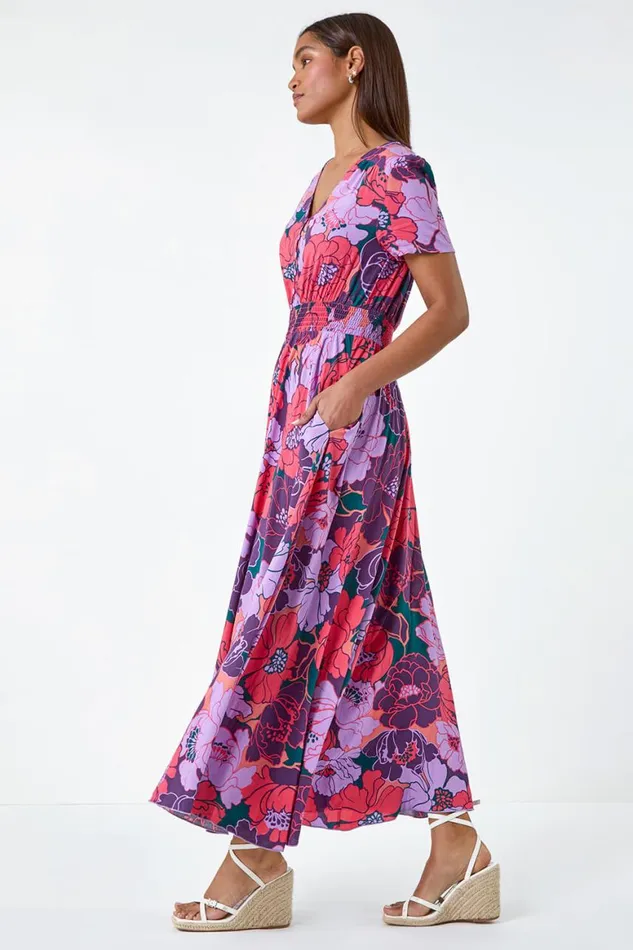 Women Purple Floral Print Button Detail Maxi Dress Roman Dresses