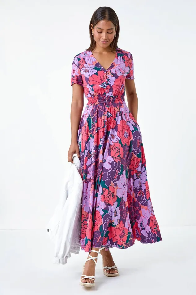 Women Purple Floral Print Button Detail Maxi Dress Roman Dresses