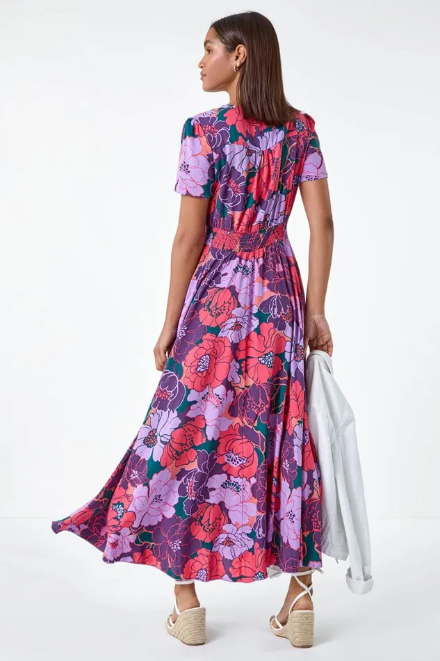 Women Purple Floral Print Button Detail Maxi Dress Roman Dresses