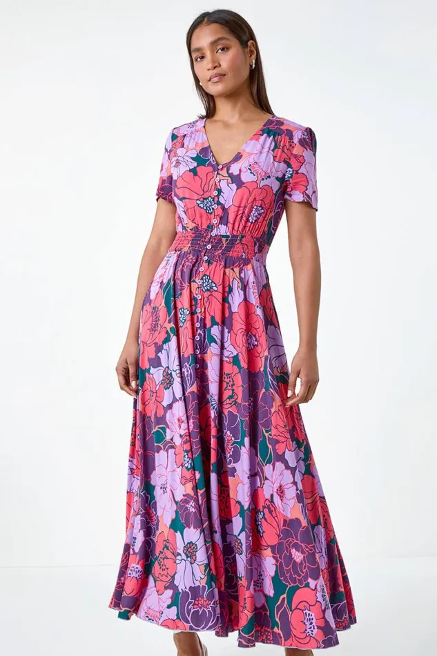 Women Purple Floral Print Button Detail Maxi Dress Roman Dresses