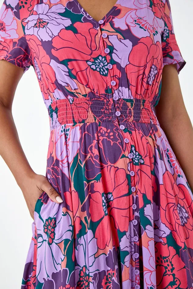 Women Purple Floral Print Button Detail Maxi Dress Roman Dresses
