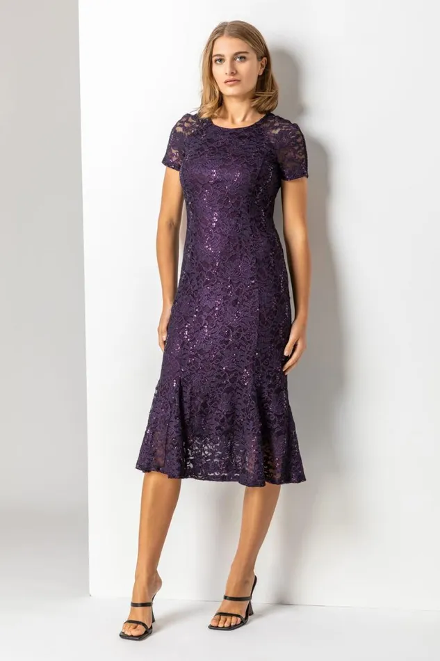 Women Purple Metallic Lace Sequin Midi Dress Roman Dresses