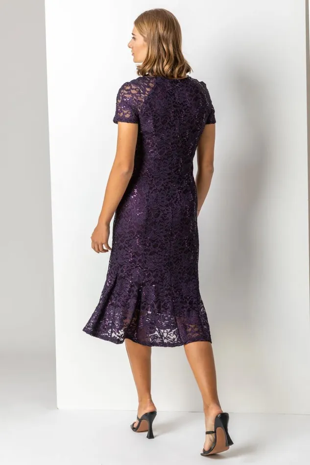 Women Purple Metallic Lace Sequin Midi Dress Roman Dresses