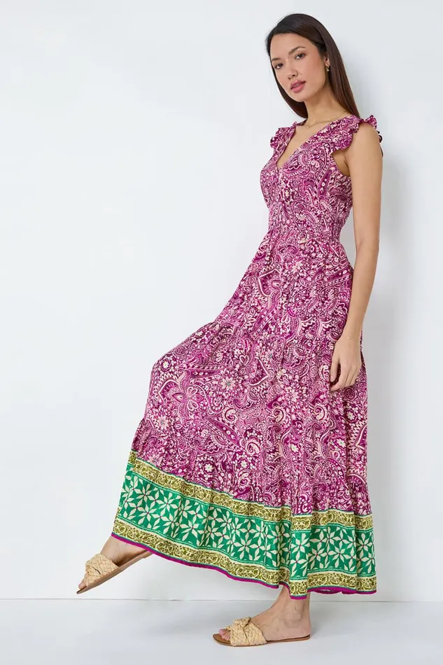 Women Purple Paisley Frilled Border Print Maxi Dress Roman Dresses
