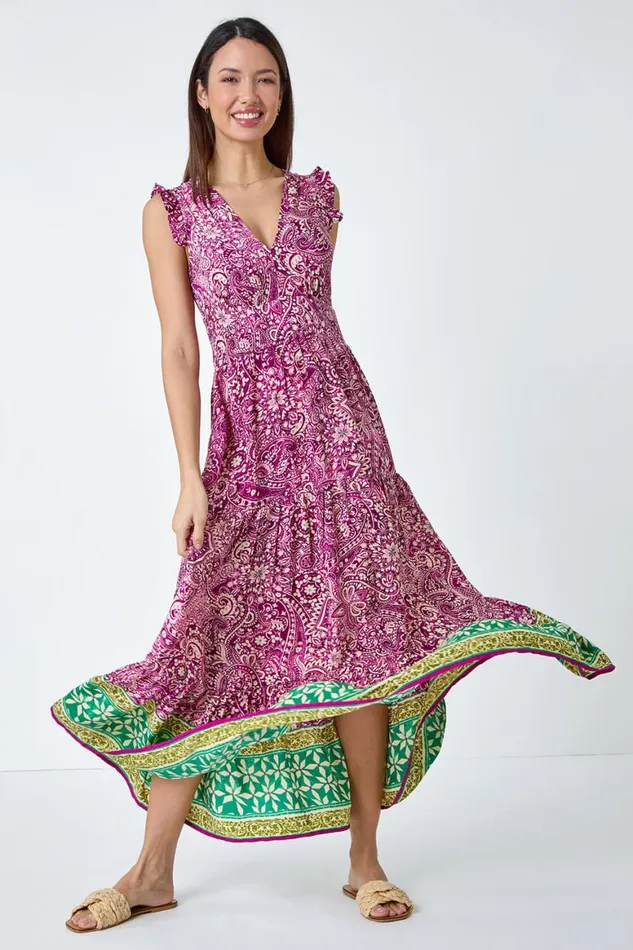Women Purple Paisley Frilled Border Print Maxi Dress Roman Dresses