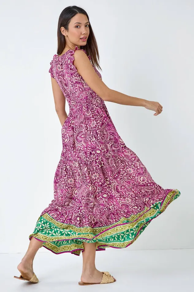 Women Purple Paisley Frilled Border Print Maxi Dress Roman Dresses