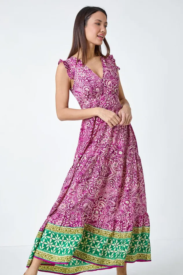 Women Purple Paisley Frilled Border Print Maxi Dress Roman Dresses