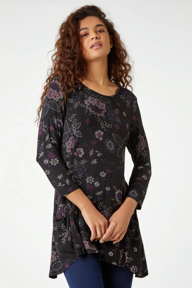 Women Purple Paisley Print Swing Stretch Top Roman Tops