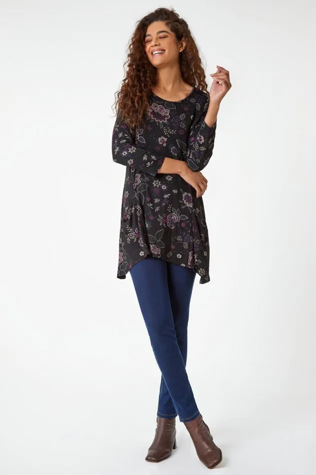 Women Purple Paisley Print Swing Stretch Top Roman Tops