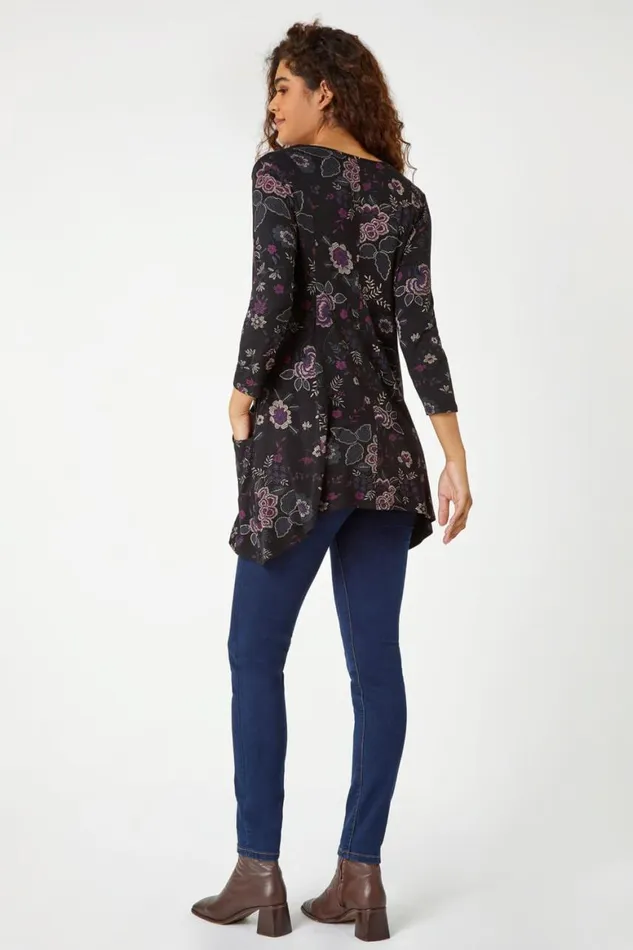 Women Purple Paisley Print Swing Stretch Top Roman Tops