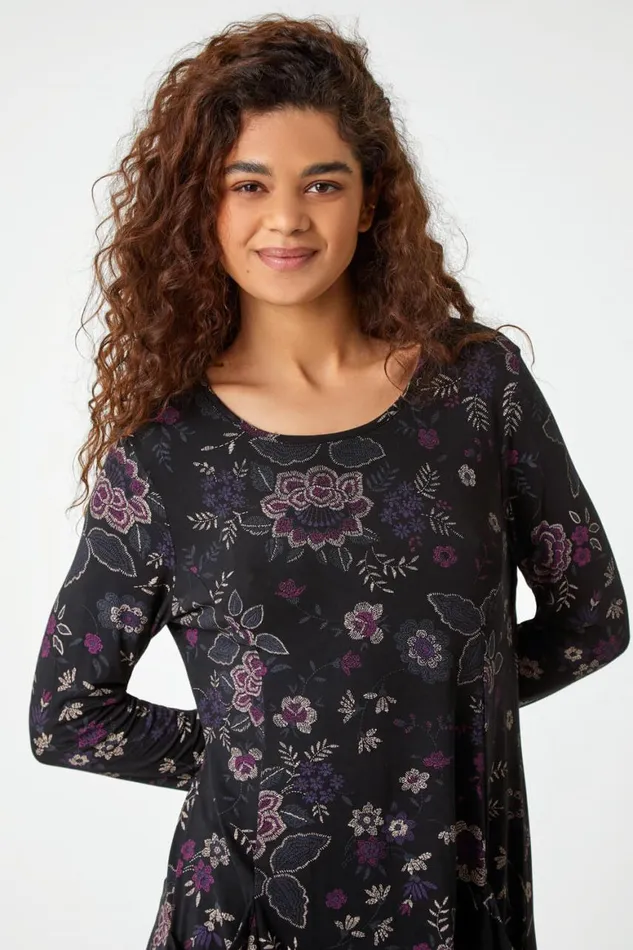 Women Purple Paisley Print Swing Stretch Top Roman Tops