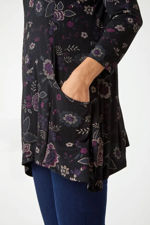 Women Purple Paisley Print Swing Stretch Top Roman Tops