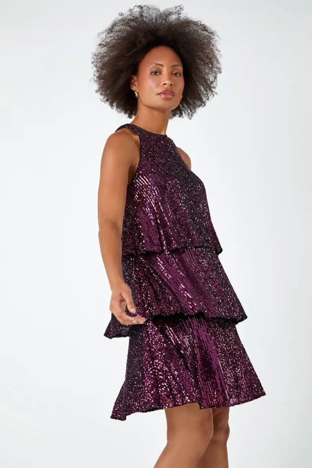 Women Purple Sequin Embellished Tiered Stretch Dress Roman Dresses