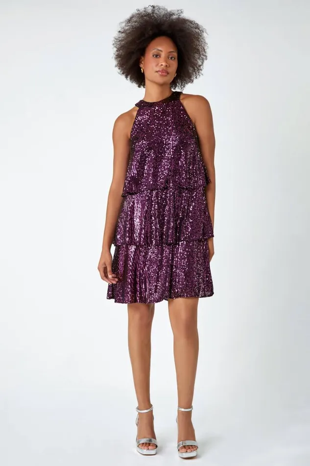 Women Purple Sequin Embellished Tiered Stretch Dress Roman Dresses