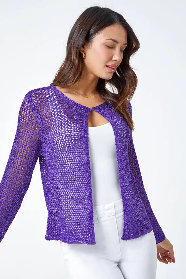 Women Purple Sequin Embellished VNeck Cardigan Roman Knitwear