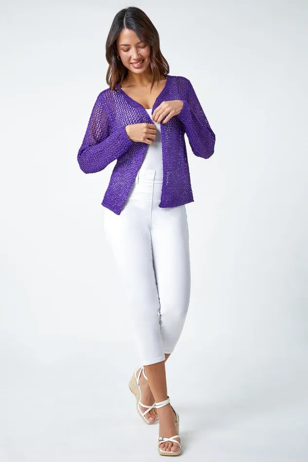 Women Purple Sequin Embellished VNeck Cardigan Roman Knitwear