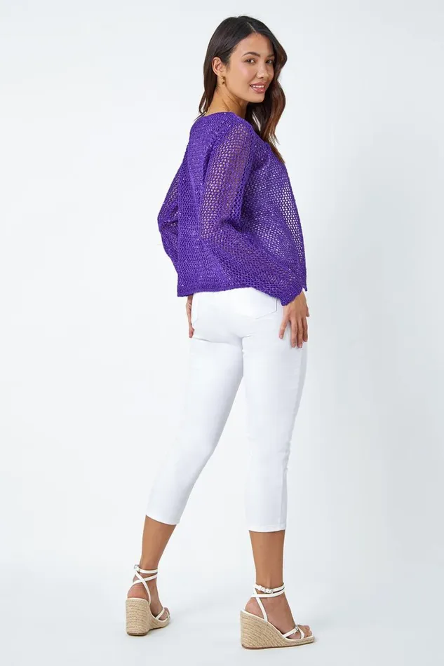 Women Purple Sequin Embellished VNeck Cardigan Roman Knitwear