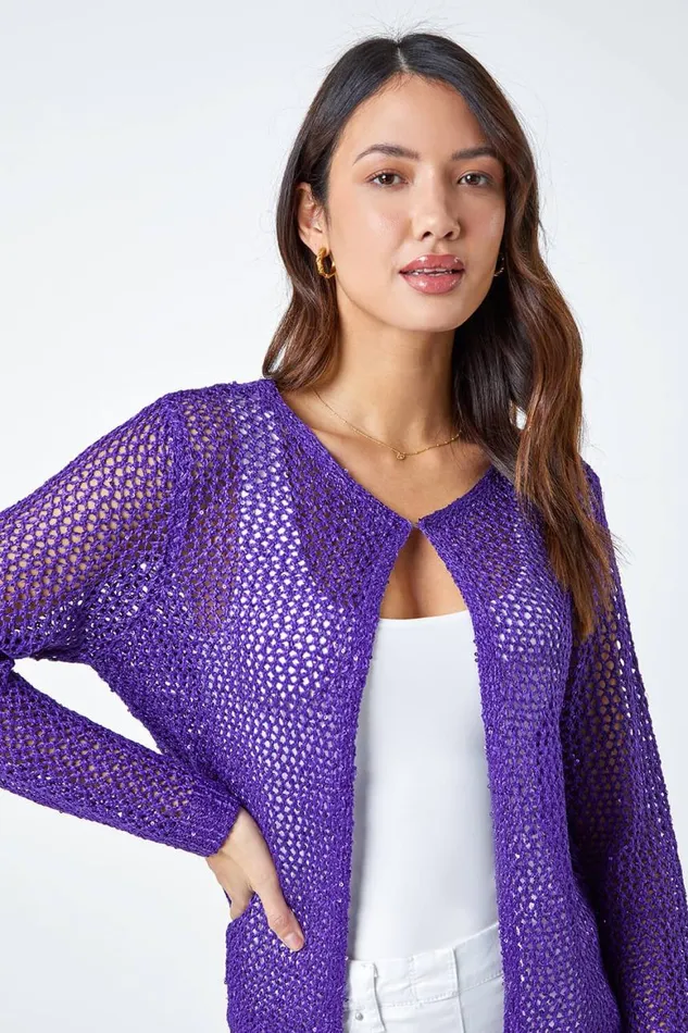 Women Purple Sequin Embellished VNeck Cardigan Roman Knitwear
