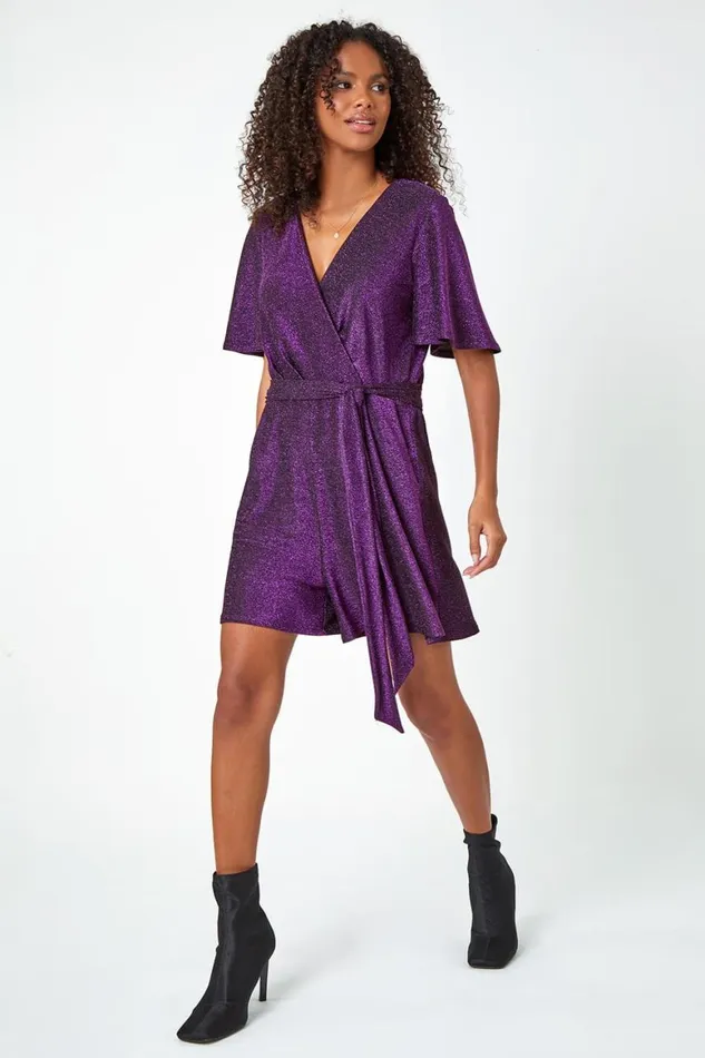 Women Purple Sparkle Stretch Wrap Playsuit Roman Dresses
