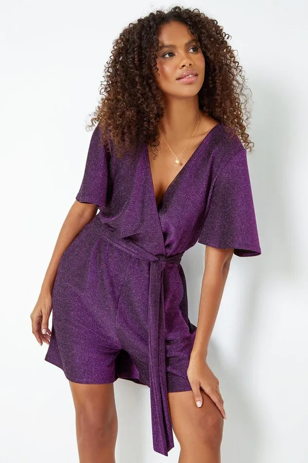Women Purple Sparkle Stretch Wrap Playsuit Roman Dresses