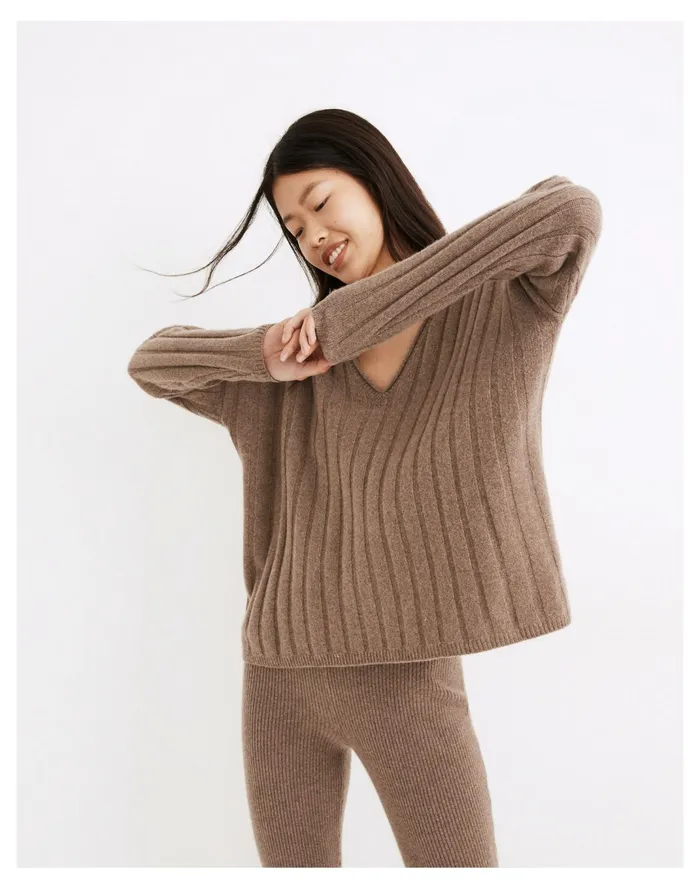 Women Resourced Cashmere Stitched Rib V Neck Sweater Heather Mink Madewell Sweaters