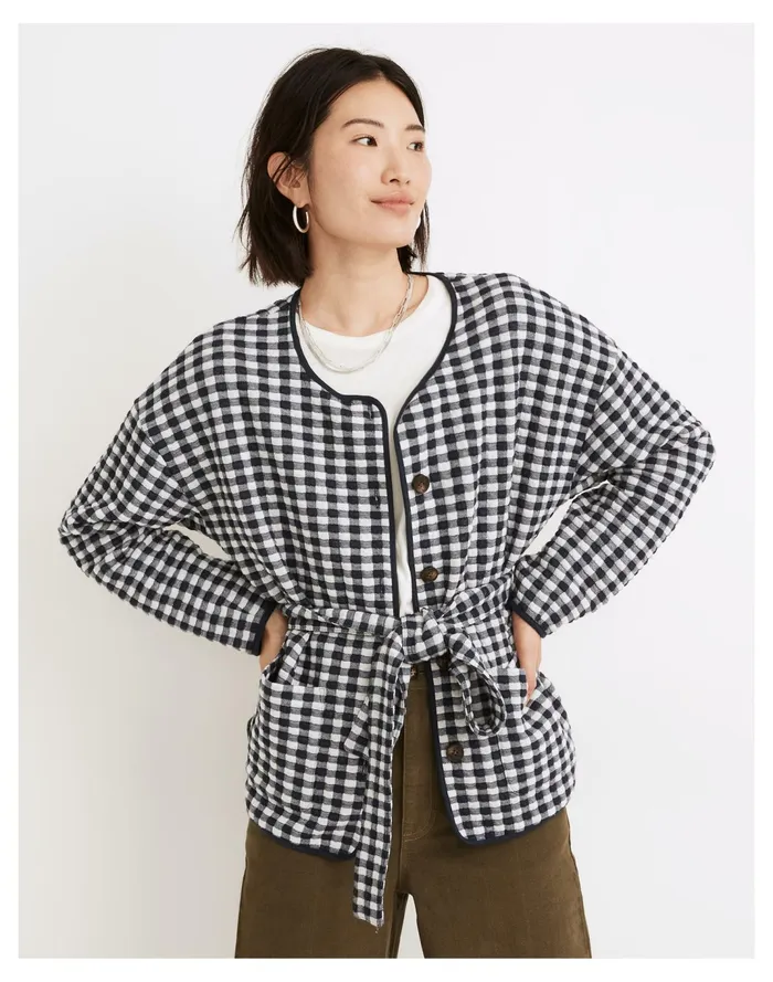 Women Resourced Gingham Quilted Tie Jacket Classic Indigo Madewell Sweatshirts and Sweatpants