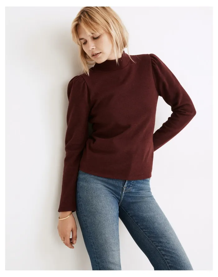 Women Resourced Plush Mockneck Puff Sleeve Top Hthr Rusted Red Madewell Tops and Shirts Women Resourced Plush Mockneck Puff Sleeve Top Hthr Rusted Red Madewell Tops and Shirts